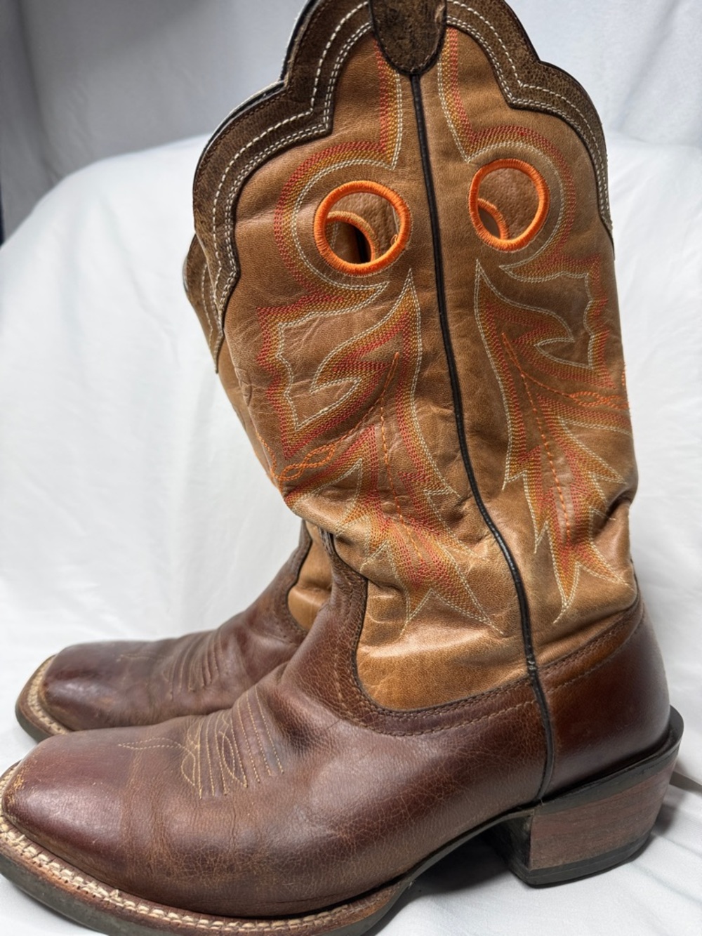 Ariat Brown and Tan Western Cowboy Boots with Orange Stitching - Picture 2 of 5